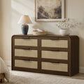 Vintagearth 6 Drawer Dresser for Bedroom, FSC‑Certified 1.18" Thick Wooden Curved Edge Chest of Drawers with Natural Rattan Drawer, Dark Oak