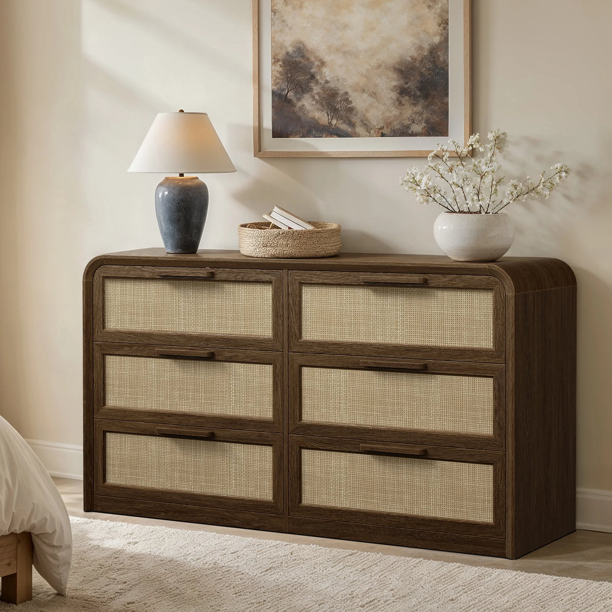 Vintagearth 6 Drawer Dresser for Bedroom, FSC‑Certified 1.18" Thick Wooden Curved Edge Chest of Drawers with Natural Rattan Drawer, Dark Oak