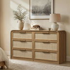 Vintagearth 6 Drawer Dresser for Bedroom, FSC‑Certified 1.18" Thick Wooden Curved Edge Chest of Drawers with Natural Rattan Drawer, Natural Oak
