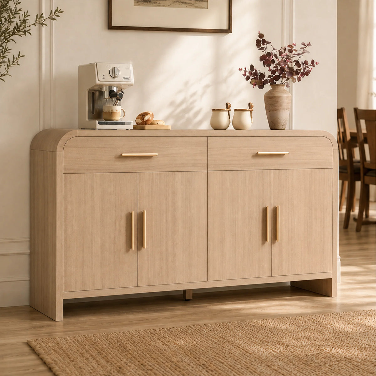 Vintagearth 59.7" Sideboard Buffet Cabinet with 4 Doors & 2 Drawers, Modern Storage Cabinet with Adjustable Shelves, 1.18" Thick FSC-Certified Wood for Dining Room, Living Room, Entryway, Oak