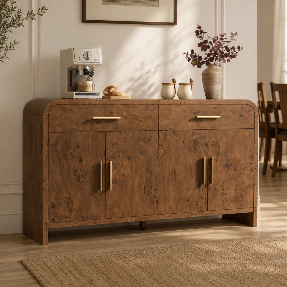 Vintagearth 59.7" Sideboard Buffet Cabinet with 4 Doors & 2 Drawers, Modern Storage Cabinet with Adjustable Shelves, 1.18" Thick FSC-Certified Wood for Dining Room, Living Room, Entryway, Dark Burl