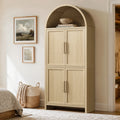 Vintagearth 74.5" Tall Arched Kitchen Pantry Cabinet, FSC‑Certified 1.38" Thick Board Rattan Freestanding Cupboard with 4 Doors for Kitchen, Dining Room, Light Oak