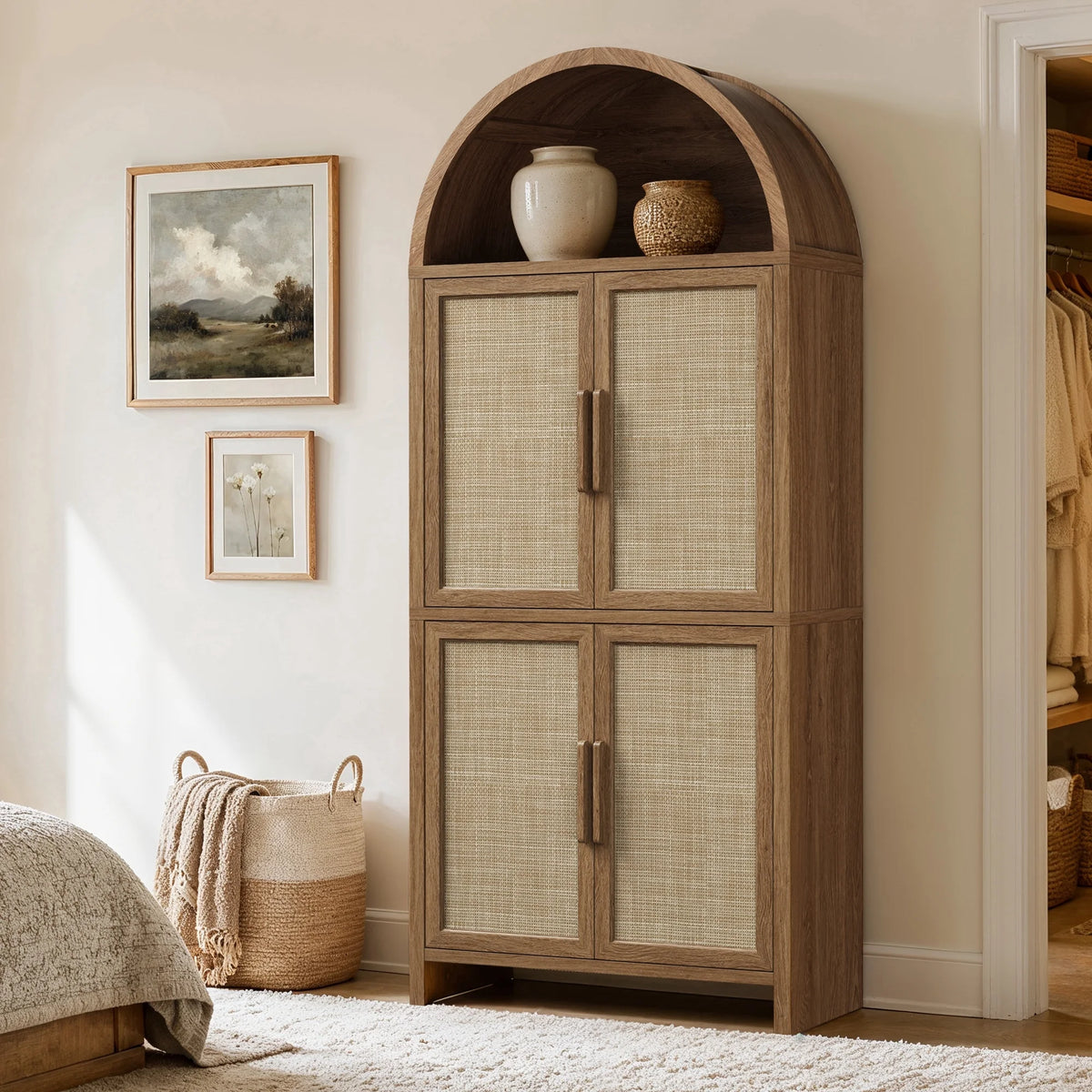 Vintagearth 74.5" Tall Arched Kitchen Pantry Cabinet, FSC‑Certified 1.38" Thick Board Rattan Freestanding Cupboard with 4 Doors for Kitchen, Dining Room, Natural Oak