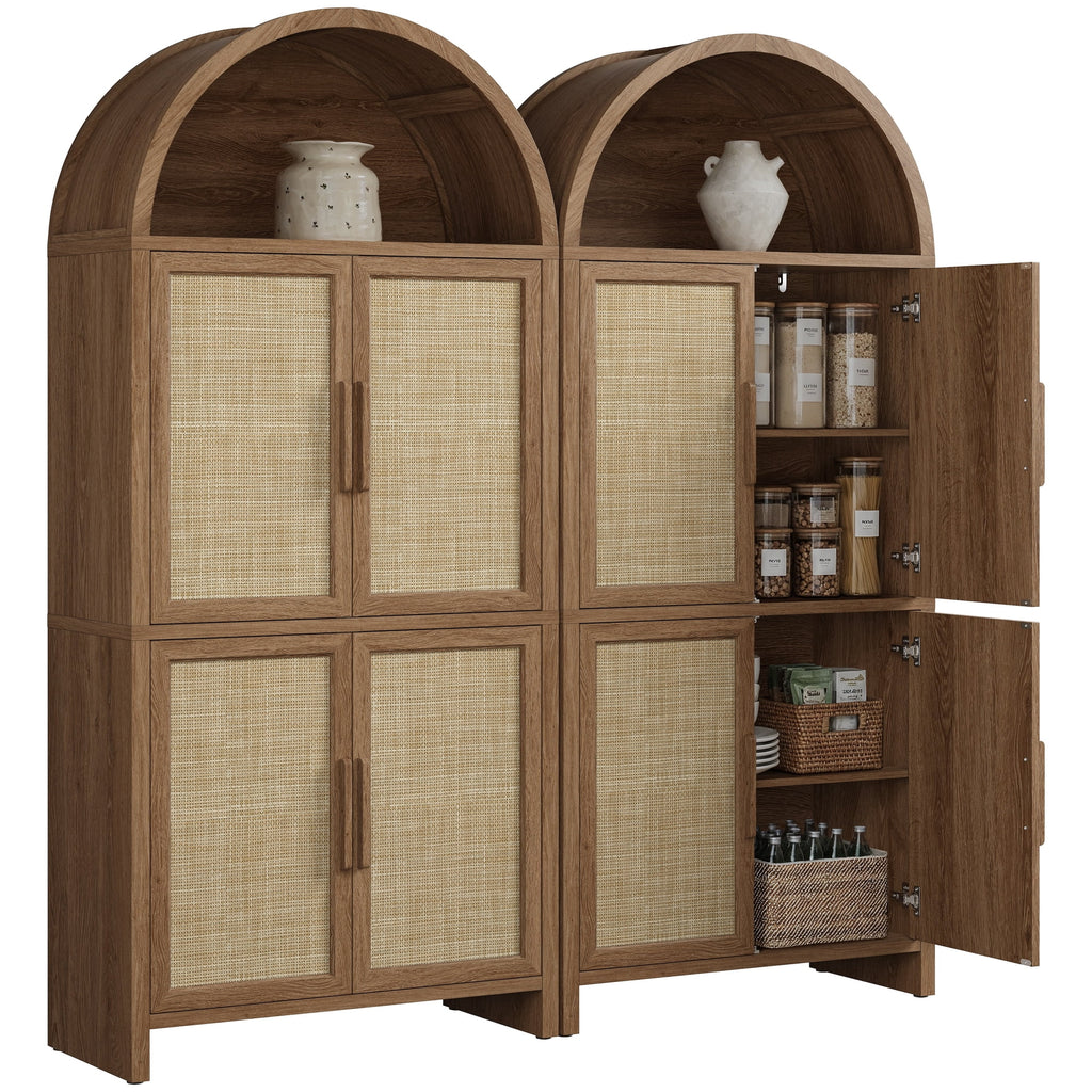 Vintagearth 74.5" Tall Arched Kitchen Pantry Cabinet, FSC‑Certified 1.38" Thick Board Rattan Freestanding Cupboard with 4 Doors for Kitchen, Dining Room, Natural Oak, 2 Pack