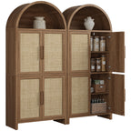 Vintagearth 74.5" Tall Arched Kitchen Pantry Cabinet, FSC‑Certified 1.38" Thick Board Rattan Freestanding Cupboard with 4 Doors for Kitchen, Dining Room, Natural Oak, 2 Pack