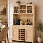Vintagearth 77" Tall Wine and Coffee Bar Cabinet with 24-Bottle Rack, LED Lights and Power Outlet, Large Dining Room Beverage Storage Cabinet with Glass Doors, Light Burl