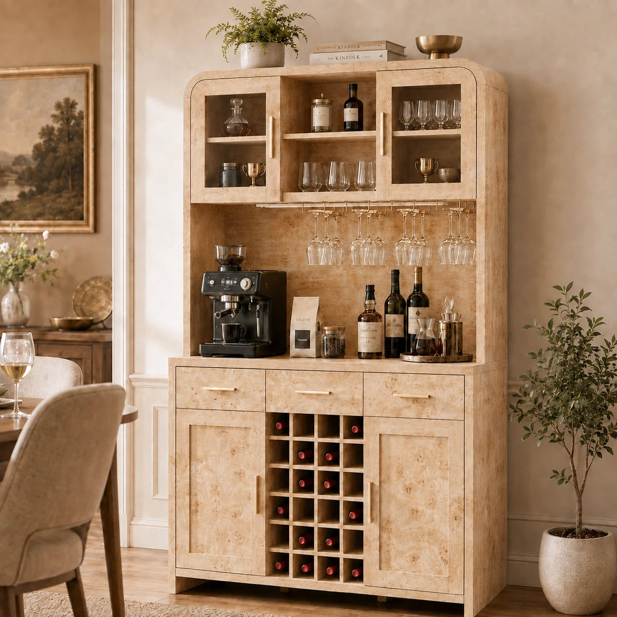 Vintagearth 77" Tall Wine and Coffee Bar Cabinet with 24-Bottle Rack, LED Lights and Power Outlet, Large Dining Room Beverage Storage Cabinet with Glass Doors, Light Burl