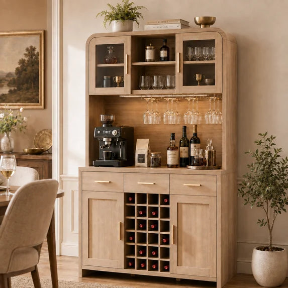 Vintagearth 77" Tall Wine and Coffee Bar Cabinet with 24-Bottle Rack, LED Lights and Power Outlet, Large Dining Room Beverage Storage Cabinet with Glass Doors, Oak