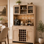 Vintagearth 77" Tall Wine and Coffee Bar Cabinet with 24-Bottle Rack, LED Lights and Power Outlet, Large Dining Room Beverage Storage Cabinet with Glass Doors, Oak