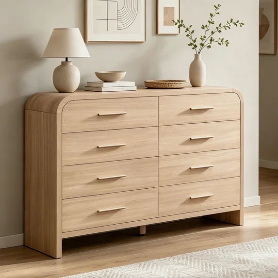 Vintagearth 8 Drawers Dresser for Bedroom, Curved FSC-certified Wood 1.18" Thick Board Dressers & Chests of Drawers for Living Room, Hallway, Entryway, Oak