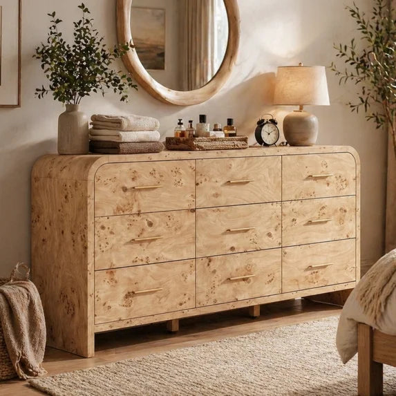 Vintagearth 9 Drawer Dresser for Bedroom, Curved 1.18" Thick FSC Certified Wood, Light Burl