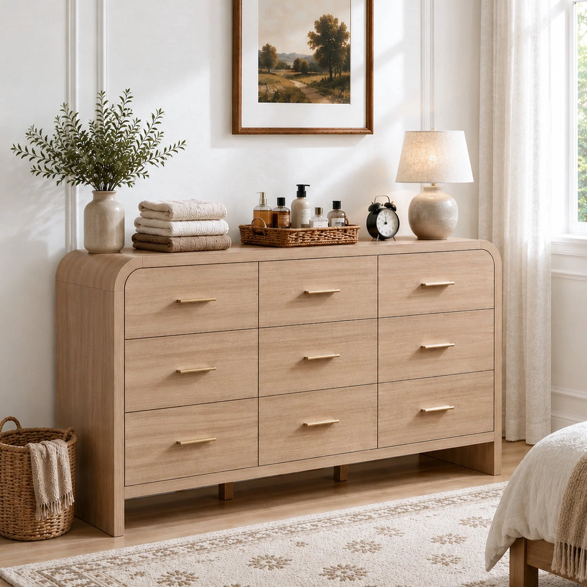 Vintagearth 9 Drawer Dresser for Bedroom, Curved 1.18" Thick FSC Certified Wood, Oak