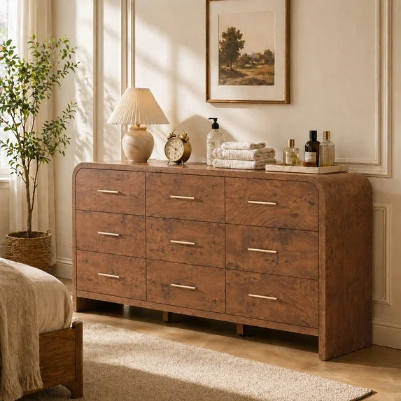 Vintagearth 9 Drawers Dresser for Bedroom, Curved FSC-certified Wood 1.18" Thick Board Dressers & Chests of Drawers for Living Room, Hallway, Entryway, Dark Burl