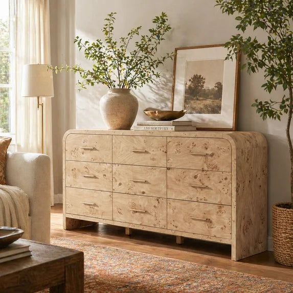 Vintagearth 9 Drawers Dresser for Bedroom, Curved FSC-certified Wood 1.18" Thick Board Dressers & Chests of Drawers for Living Room, Hallway, Entryway, Light Burl