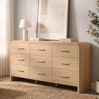 Vintagearth 9 Drawers Dresser for Bedroom, Curved FSC-certified Wood 1.18" Thick Board Dressers & Chests of Drawers for Living Room, Hallway, Entryway, Oak