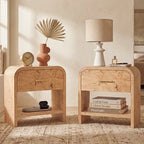 Vintagearth Nightstand Set of 2, 24" Tall Modern Curved Bedside Table, FSC-Certified Wood End Table, 1 Drawer & 1 Open Storage Shelf, Light Burl