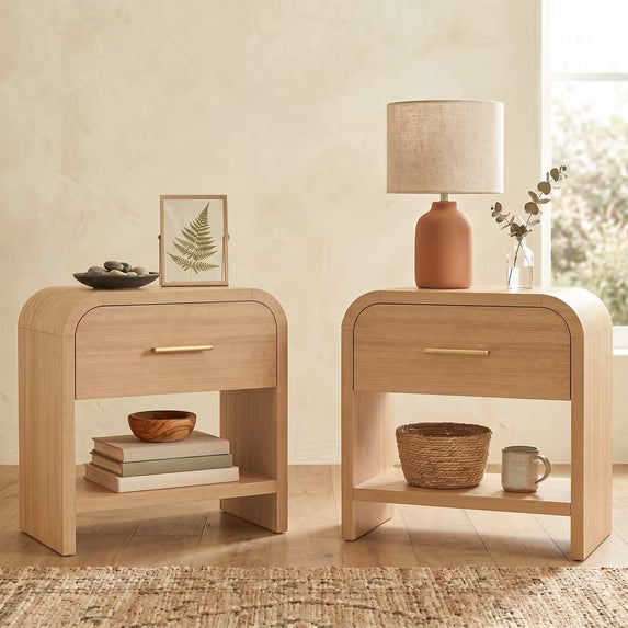 Vintagearth Nightstand Set of 2, 24" Tall Modern Curved Bedside Table, FSC-Certified Wood End Table, 1 Drawer & 1 Open Storage Shelf