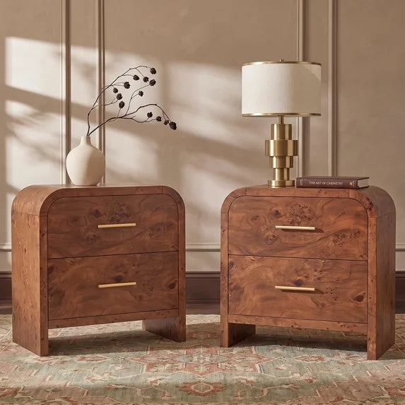 Vintagearth Nightstand Set of 2, 24" Tall Modern Curved Bedside Table, FSC-Certified Wood End Table, 2 Drawer Storage, Dark Burl