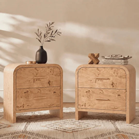 Vintagearth Nightstand Set of 2, 24" Tall Modern Curved Bedside Table, FSC-Certified Wood End Table, 2 Drawer Storage, Light Burl