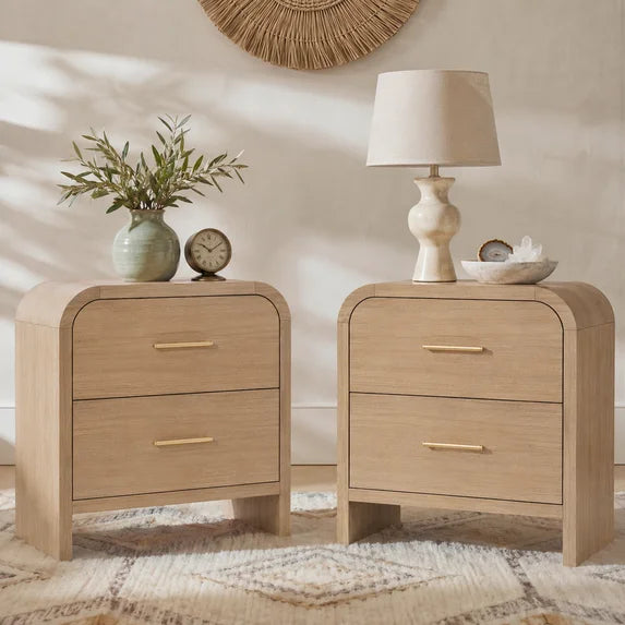 Vintagearth Nightstand Set of 2, 24" Tall Modern Curved Bedside Table, FSC-Certified Wood End Table, 2 Drawer Storage, Oak