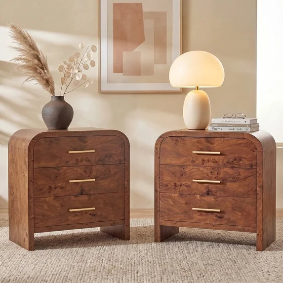 Vintagearth Nightstand Set of 2, 26.7" Tall Modern Curved Bedside Table, FSC-Certified Wood End Table, 3 Drawer Storage, Dark Burl