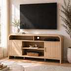 Vintagearth Modern Oak TV Stand for TVs up to 65", Curved Edge Entertainment Center with Storage Cabinets, Open Shelves, 1.22" FSC-Certified Thick Board, Oak