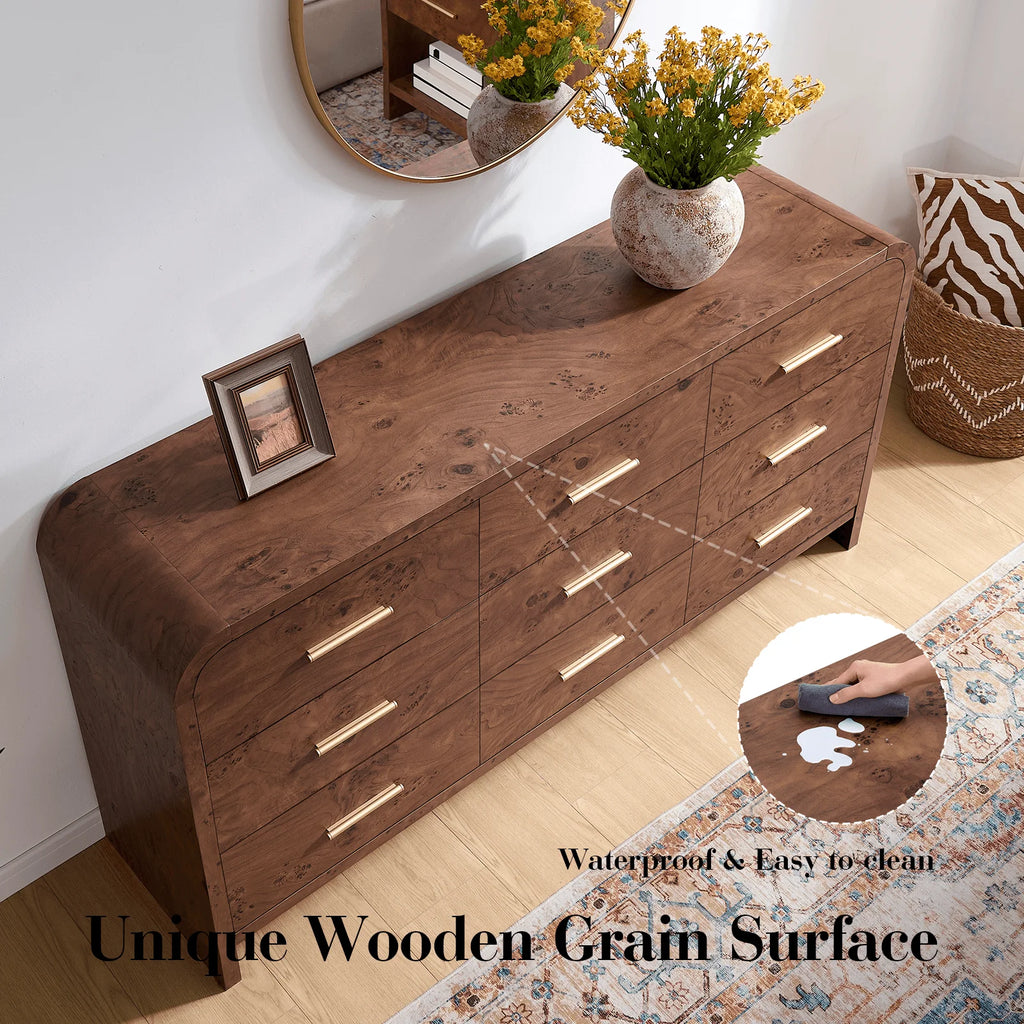 Vintagearth 9 Drawers Dresser for Bedroom, Curved FSC-certified Wood 1.18" Thick Board Dressers & Chests of Drawers for Living Room, Hallway, Entryway, Dark Burl