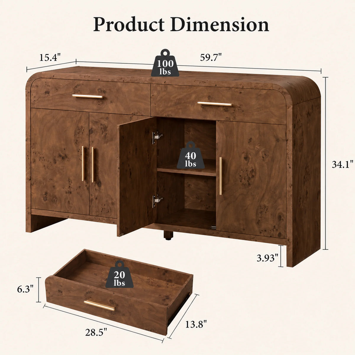 Vintagearth 59.7" Sideboard Buffet Cabinet with 4 Doors & 2 Drawers, Modern Storage Cabinet with Adjustable Shelves, 1.18" Thick FSC-Certified Wood for Dining Room, Living Room, Entryway, Dark Burl