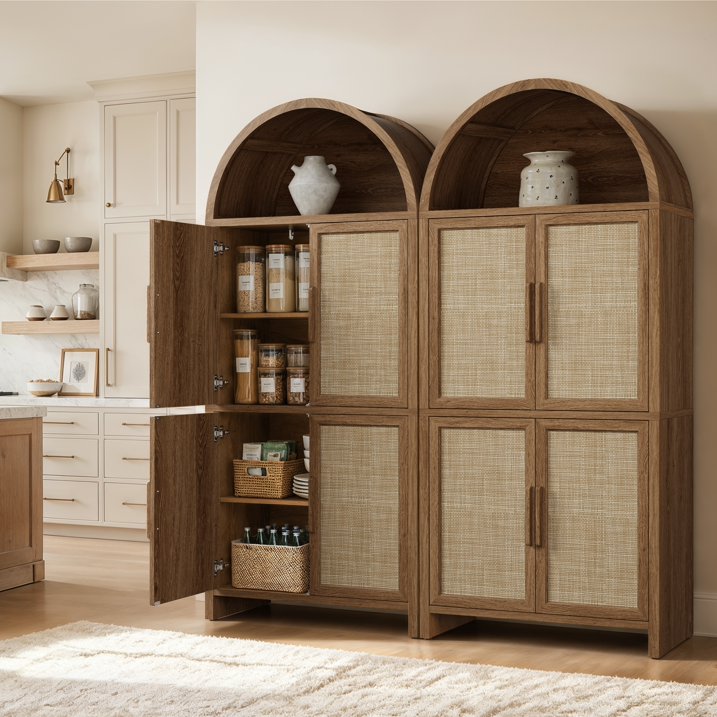 Vintagearth 74.5" Tall Arched Kitchen Pantry Cabinet, FSC‑Certified 1.38" Thick Board Rattan Freestanding Cupboard with 4 Doors for Kitchen, Dining Room, Natural Oak