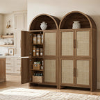 Vintagearth 74.5" Tall Arched Kitchen Pantry Cabinet, FSC‑Certified 1.38" Thick Board Rattan Freestanding Cupboard with 4 Doors for Kitchen, Dining Room, Natural Oak, 2 Pack