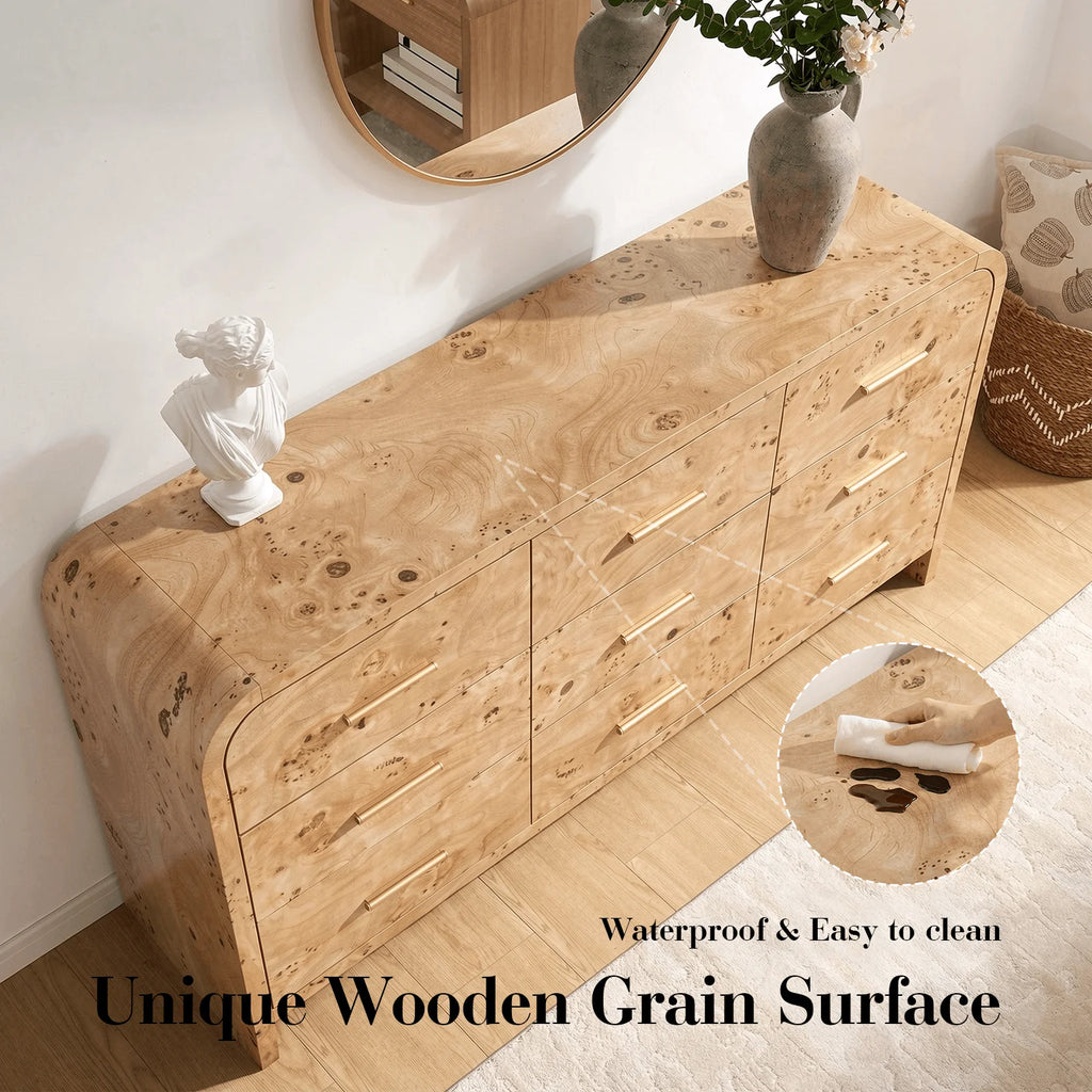 Vintagearth 9 Drawers Dresser for Bedroom, Curved FSC-certified Wood 1.18" Thick Board Dressers & Chests of Drawers for Living Room, Hallway, Entryway, Light Burl