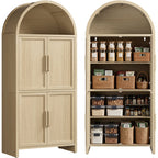 Vintagearth 74.5" Tall Arched Kitchen Pantry Cabinet, FSC‑Certified 1.38" Thick Board Rattan Freestanding Cupboard with 4 Doors for Kitchen, Dining Room, Light Oak