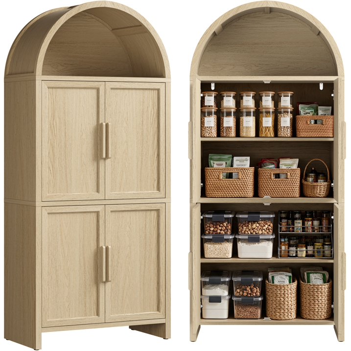 Vintagearth 74.5" Tall Arched Kitchen Pantry Cabinet, FSC‑Certified 1.38" Thick Board Rattan Freestanding Cupboard with 4 Doors for Kitchen, Dining Room, Light Oak