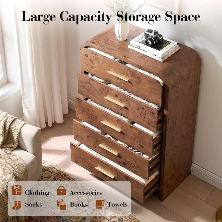 Vintagearth 5 Drawer Dresser for Bedroom, Curved 1.18" Thick FSC Certified Wood, Dark Burl