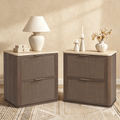 Vintagearth Nightstand Set of 2, 23.11" W Boho Rattan Faux Marble Top Bedside Table, FSC-Certified 1.97" ThickWood End Table, 2 Drawer Storage, Dark Oak
