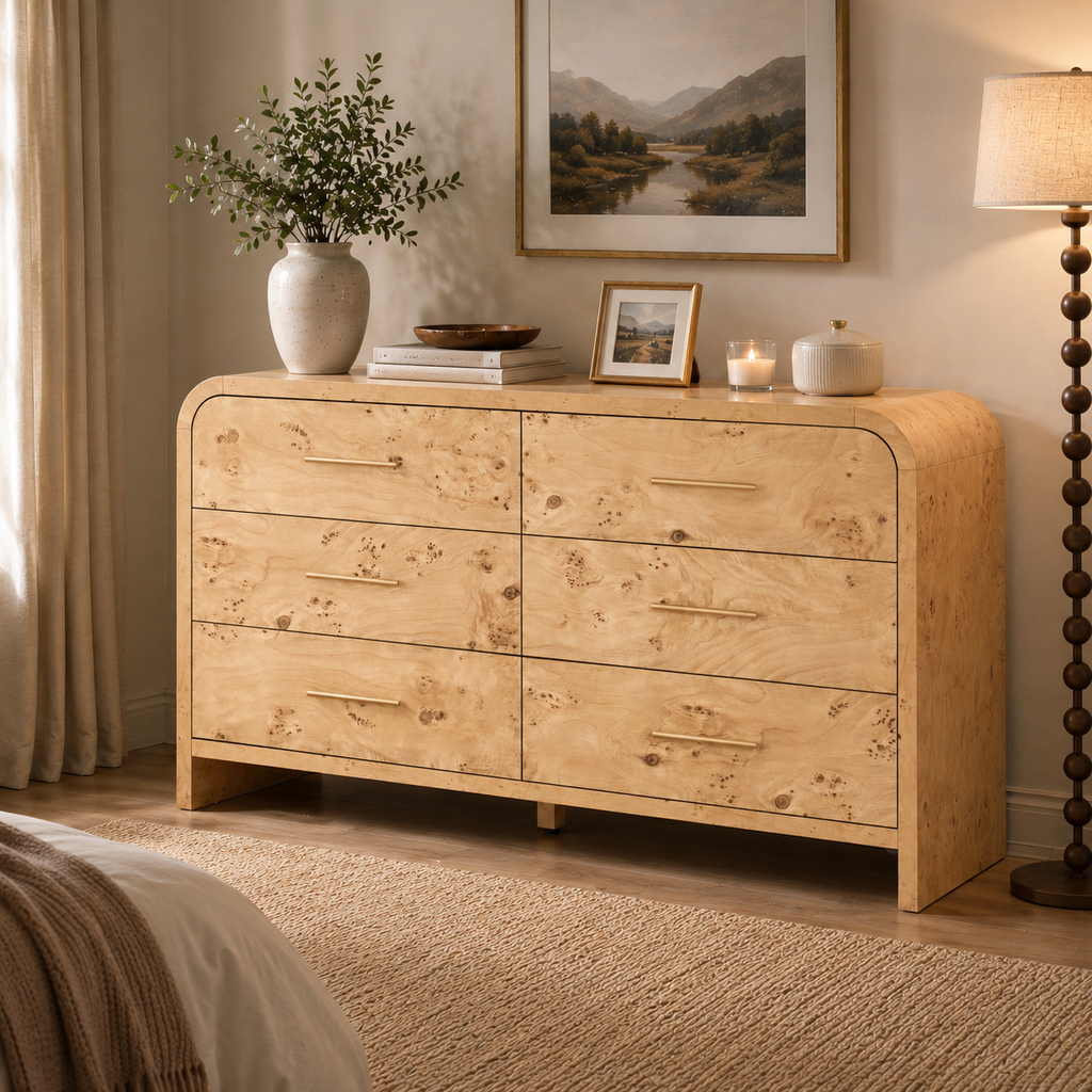 Vintagearth 6 Drawer Dresser for Bedroom, 54" Wide Storage Cabinet with Thick FSC-Certified Wood, Curved Edge Design, Large Capacity, Light Burl