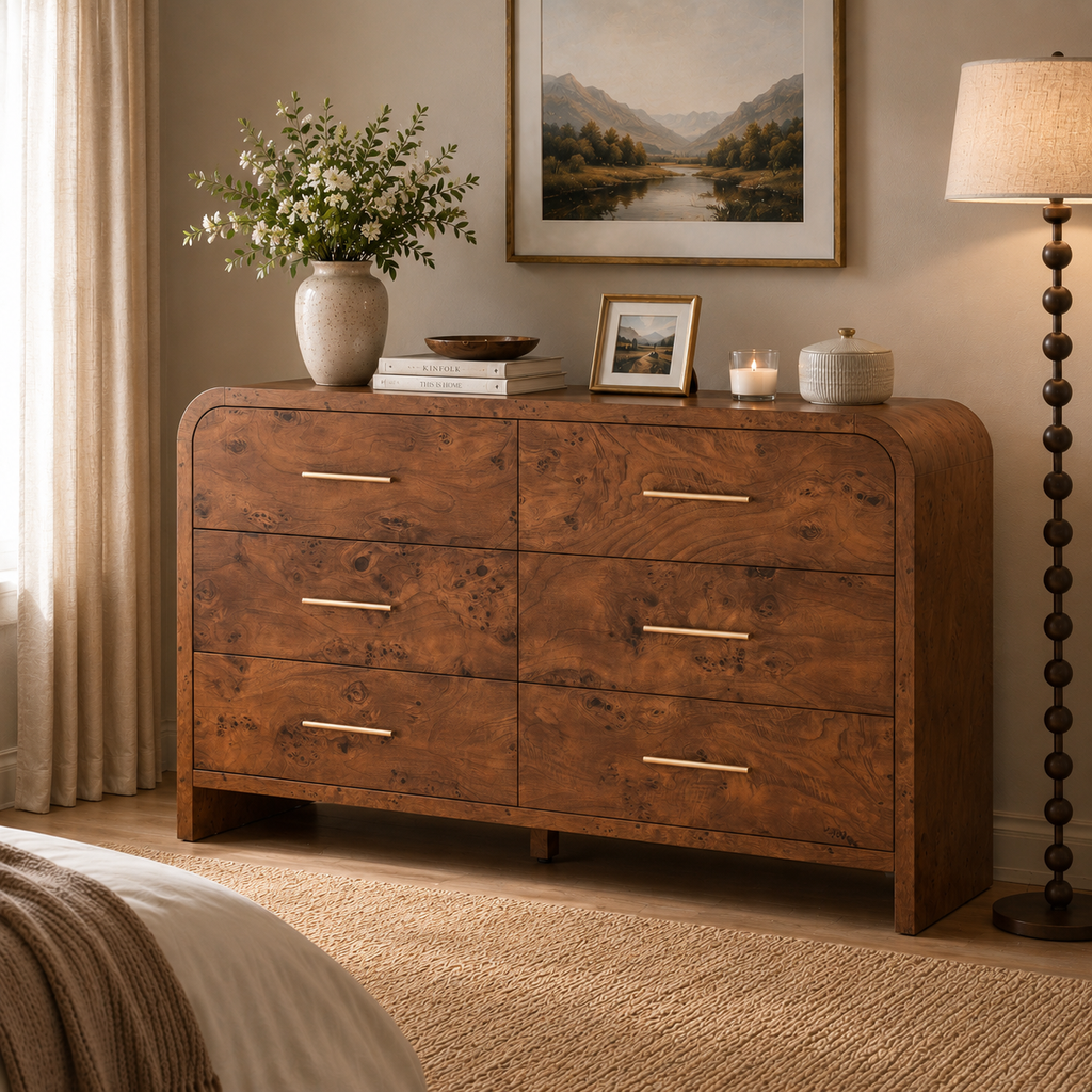 Vintagearth 6 Drawer Dresser for Bedroom, 54" Wide Storage Cabinet with Thick FSC-Certified Wood, Curved Edge Design, Large Capacity, Dark Burl