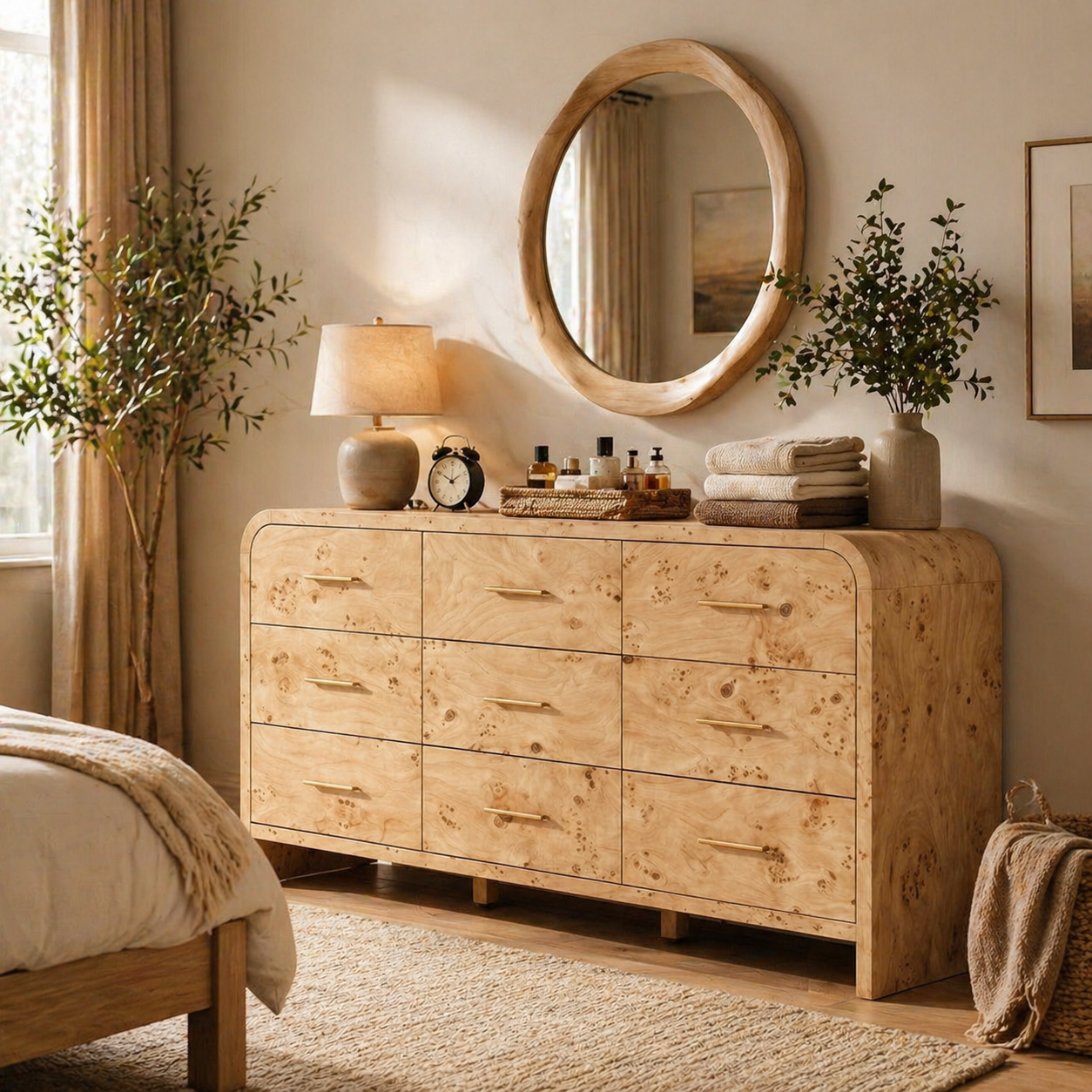Vintagearth 9 Drawers Dresser for Bedroom, Curved FSC-certified Wood 1.18" Thick Board Dressers & Chests of Drawers for  Living Room, Hallway, Entryway, Light Burl