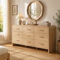 Vintagearth 9 Drawers Dresser for Bedroom, Curved FSC-certified Wood 1.18" Thick Board Dressers & Chests of Drawers for  Living Room, Hallway, Entryway, Oak