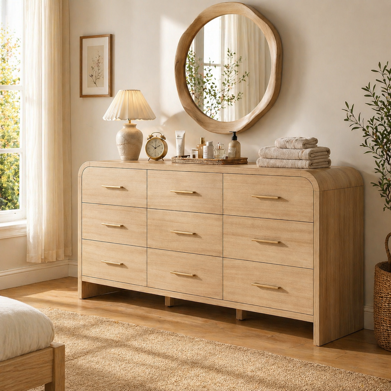 Vintagearth 9 Drawers Dresser for Bedroom, Curved FSC-certified Wood 1.18" Thick Board Dressers & Chests of Drawers for  Living Room, Hallway, Entryway, Oak