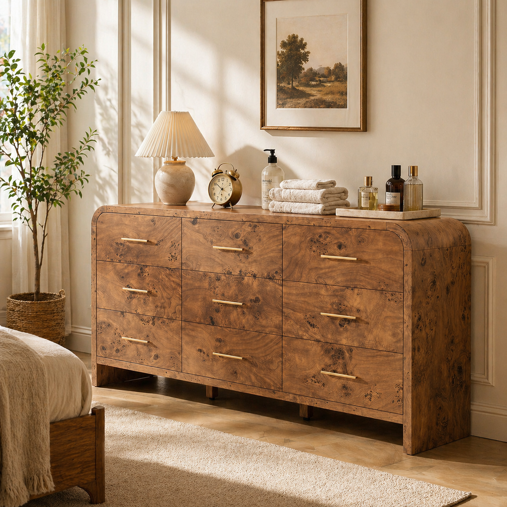 Vintagearth 9 Drawers Dresser for Bedroom, Curved FSC-certified Wood 1.18" Thick Board Dressers & Chests of Drawers for  Living Room, Hallway, Entryway, Dark Burl