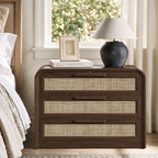 Vintagearth 30"W Nightstand Set of 2, Curved FSC-certified 1.18" Thick Bedside Table, Mid‑Century Rattan End Table for Bedroom Living Room, 3 Drawers, Dark Oak