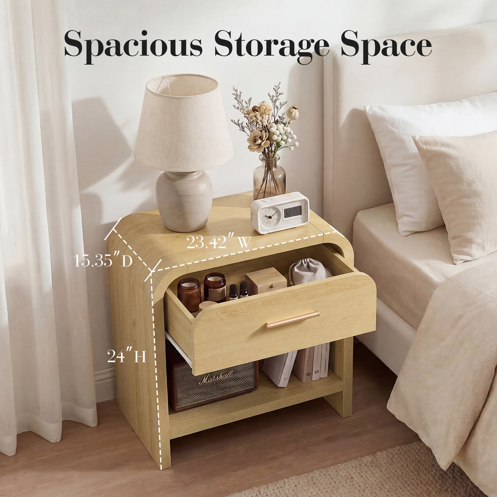 Vintagearth Nightstand Set of 2, 23.42" Wide Modern Curved Bedside Table, FSC-Certified Wood End Table, 1 Drawer & 1 Open Storage Shelf, Natural Oak