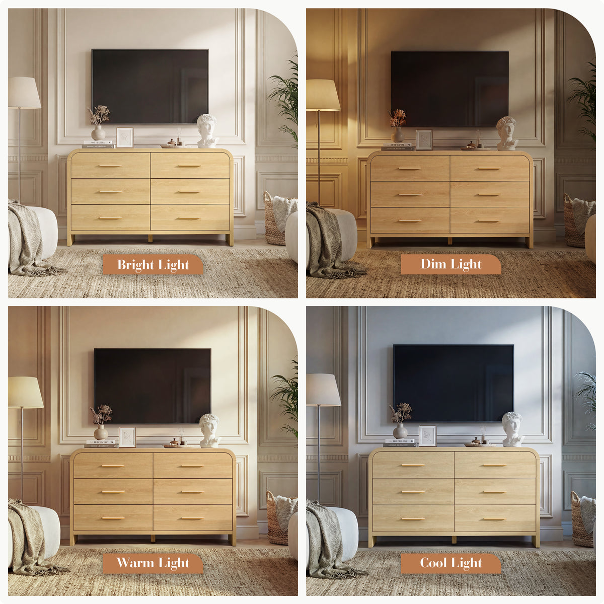 Vintagearth 6 Drawer Dresser for Bedroom, 54" Wide Storage Cabinet with Thick FSC-Certified Wood, Curved Edge Design, Large Capacity, Golden Oak