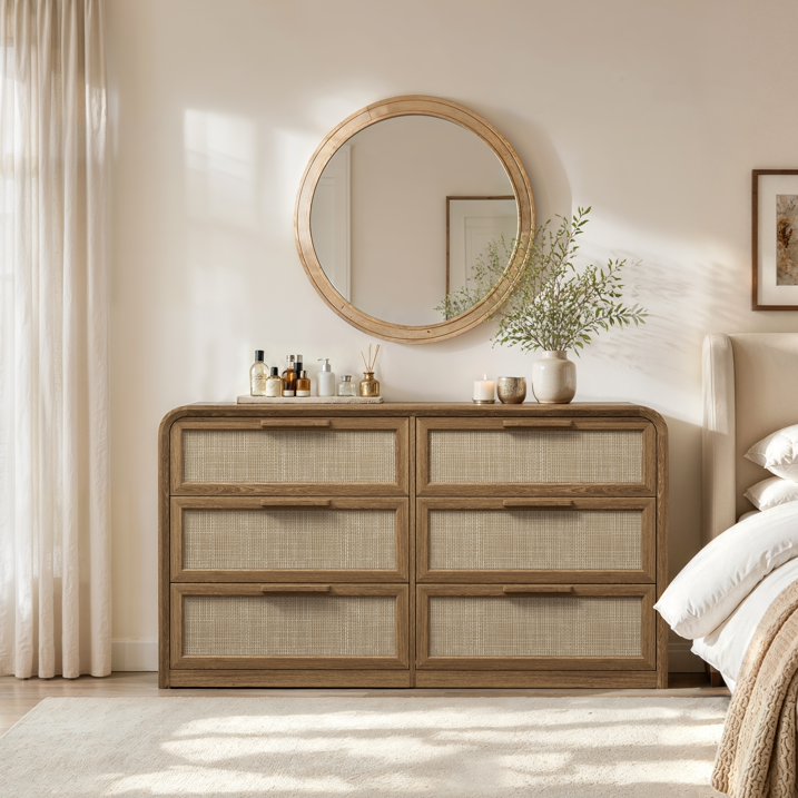 Vintagearth 6 Drawer Dresser for Bedroom, FSC‑Certified 1.18" Thick Wooden Curved Edge Chest of Drawers with Natural Rattan Drawer, Natural Oak