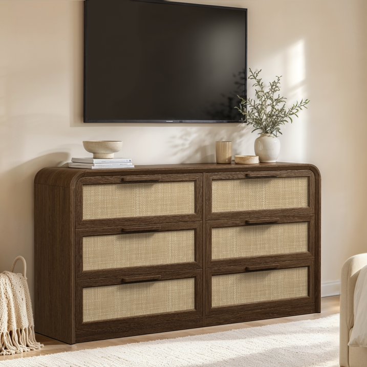 Vintagearth 6 Drawer Dresser for Bedroom, FSC‑Certified 1.18" Thick Wooden Curved Edge Chest of Drawers with Natural Rattan Drawer, Dark Oak