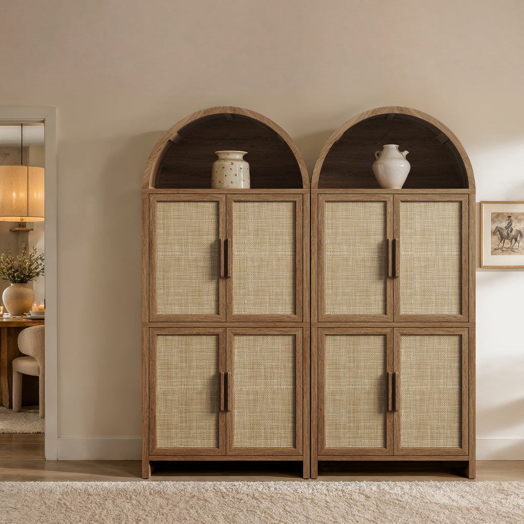 Vintagearth 74.5" Tall Arched Kitchen Pantry Cabinet, FSC‑Certified 1.38" Thick Board Rattan Freestanding Cupboard with 4 Doors for Kitchen, Dining Room, Natural Oak, 2 Pack