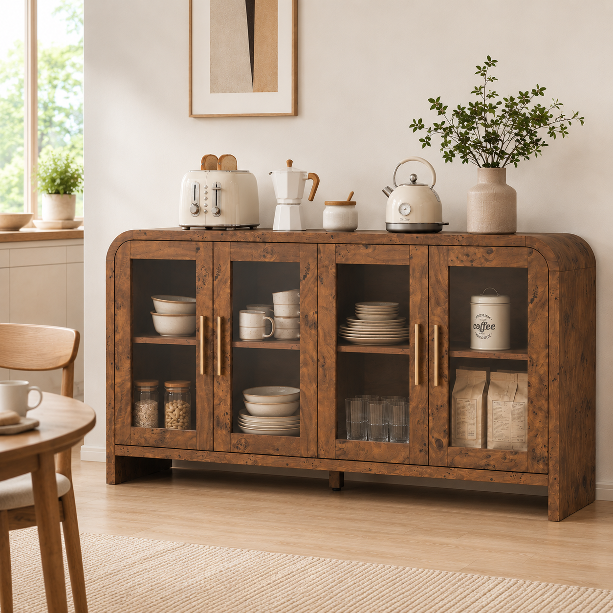 Vintagearth 60" Sideboard Buffet Cabinet with 4 Tempered Glass Doors, Adjustable Shelves, FSC-Certified Wood Storage Cabinet for Dining Room, Living Room, Entryway, Dark Burl
