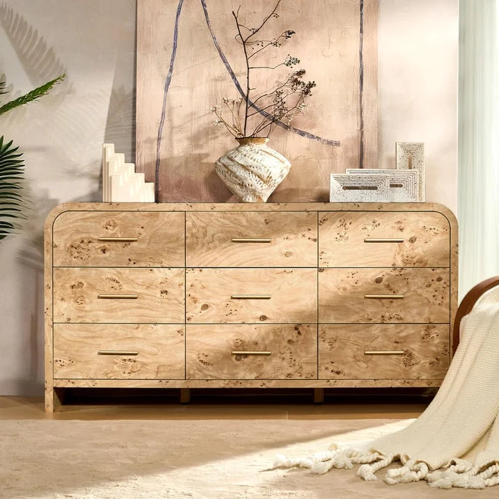 Vintagearth 9 Drawer Dresser for Bedroom, Curved 1.18" Thick FSC Certified Wood, Light Burl