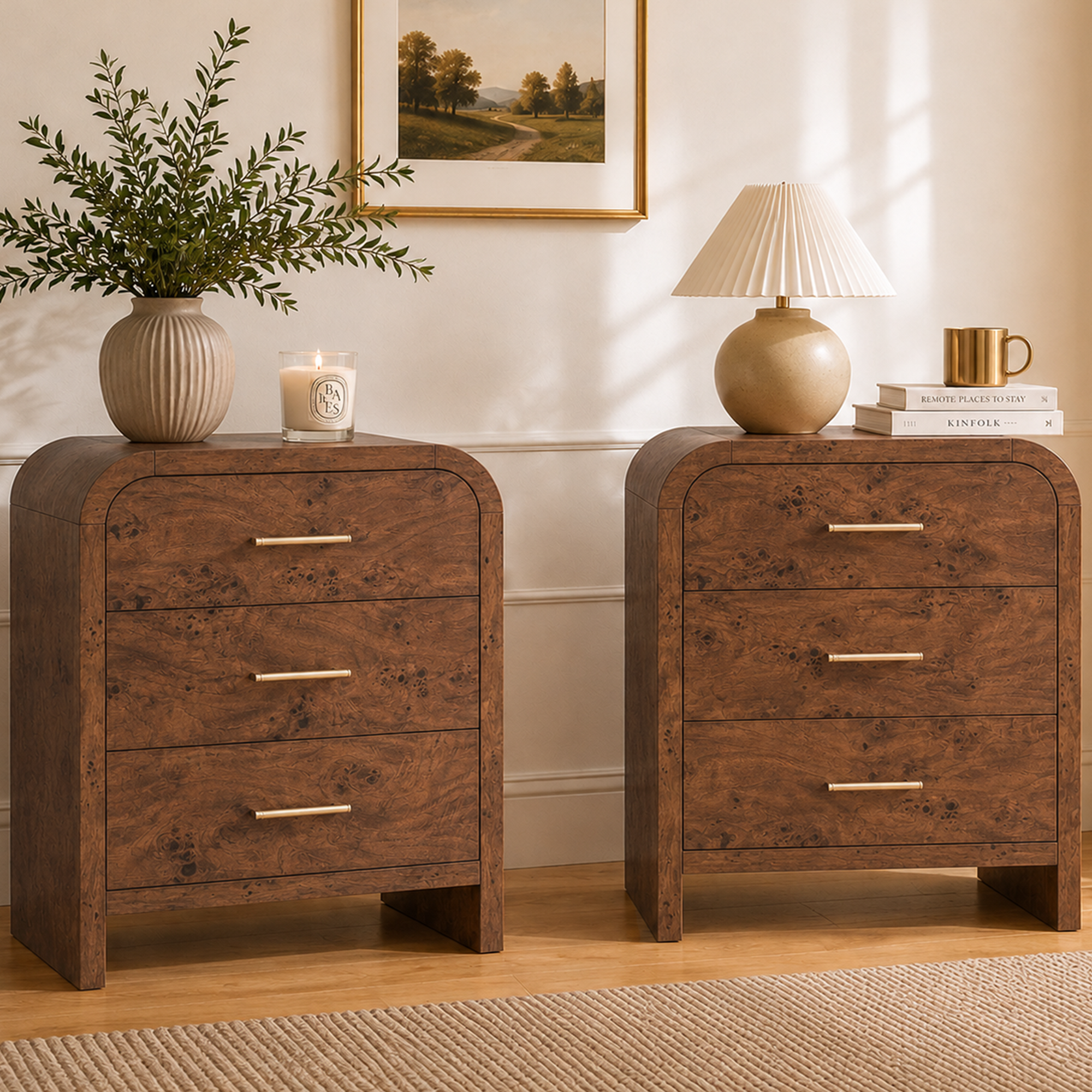 Vintagearth Nightstand Set of 2, 26.7" Tall Modern Bedside Table with 1.18" Thick FSC Certified Wood, 3 Drawer, Dark Burl